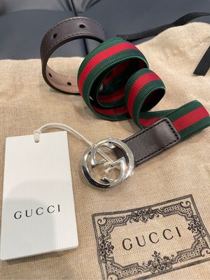 【EZ兔購】~正品Gucci 古馳 織帶 彈性 雙G 皮帶 義大利製 寬2.5 全長75 可用到85CM 孩款 現貨