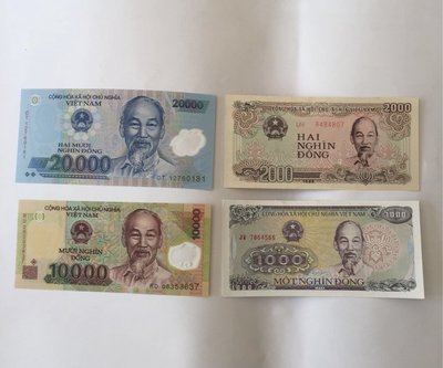 「免運費」：越南銀行發行（20000元+10000元）2張塑膠鈔票+（2000+1000）2張鈔票」共4張，品相佳，祝福您財源廣進，