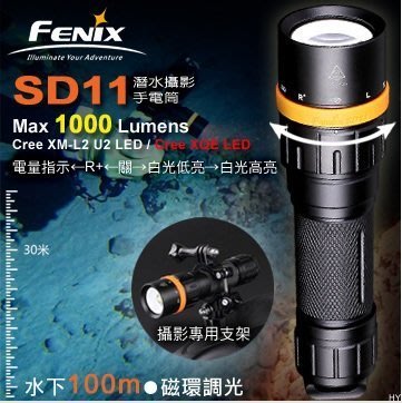 【LED Lifeway】FENIX SD11 (公司貨) 1000流明 磁環調光攝影潛水手電筒 (1*18650)