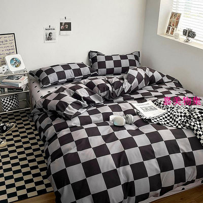 黑白幾何條格印花床單四件組 黑白棋盤格 單人雙人加大尺寸床單三件組 被套 枕套 床單 親膚