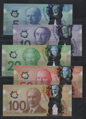 【低價外鈔】加拿大2012年 5-100Dollars 加幣 塑膠鈔五枚一組，少見~