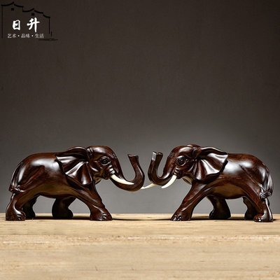 黑檀木雕大象擺件一對實木招財象客廳裝飾品風水鎮宅紅木工藝品~特價