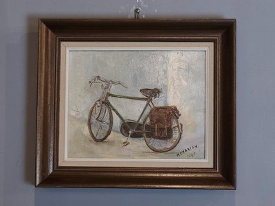 【卡卡頌  歐洲古董】法國 腳踏車 靜物 全手繪 簽名 立體雕刻 木框 老 油畫 手繪油畫  pa0397 ✬
