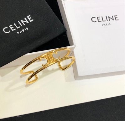 【翰貝格名牌館】全新真品 Celine TRIOMPHE 簍空 金色 金屬 大 凱旋門 LOGO 手環 手鐲
