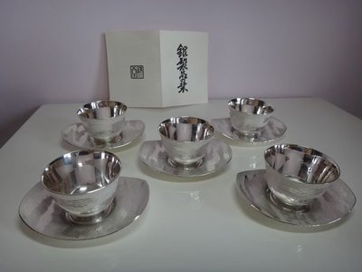日本銀川堂 純銀茶杯組+茶托組  瑞雲紋  台中面交可