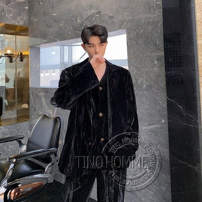 《TINO HOMME》2019春夏新款日韓版OVERSIZE壓紋絲絨寬鬆休閒西裝外套套裝三件套