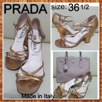 義大利 PRADA 精緻金色條粗跟後包涼鞋，真品真皮，36.5號（適合US6 ，JPN23 號）