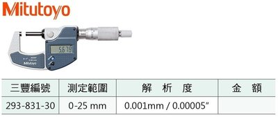 日本三豐Mitutoyo 293-831-30 數位式外徑分厘卡 數位式外徑測微器 0-25mm/0.01mm
