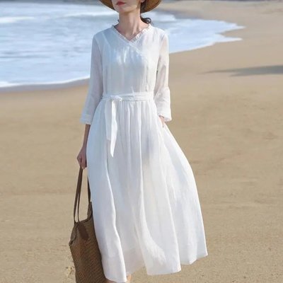 快速到貨 夏季新款連衣裙白色長裙V領文藝復古休閒百搭度假風小仙女裙