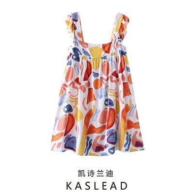 現貨熱銷-KASLEAD 新款 女裝 歐美風海邊度假涂鴉印花荷葉邊直筒吊帶連身裙