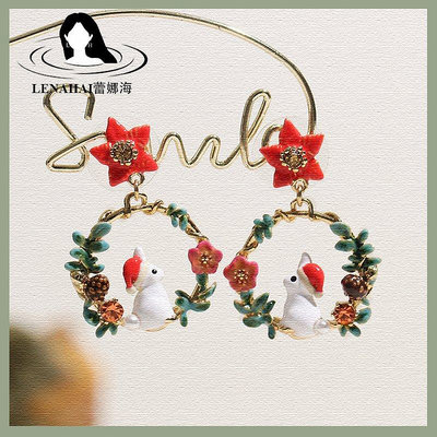 Leann代購~Les Nereides 圣誕兔子花朵小眾耳環設計感氣質925銀耳