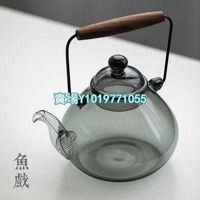 日式玻璃煮茶壺青莼灰色復古提梁燒水壺過濾大容量套裝茶具 茶具 茶配件 茶杯【真棒紫砂】