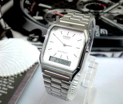 CASIO卡西歐手錶 銀色 經典 復古長方型雙顯錶《經緯度鐘錶》台灣公司貨有保固【超低價790】AQ-230A-7D
