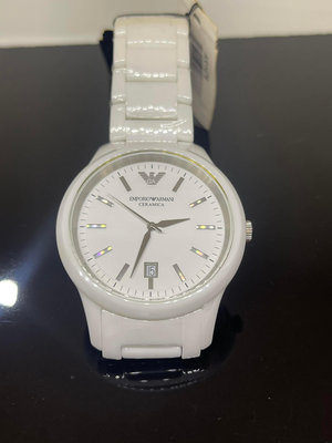 國際精品當舖 ARMANI 白色時尚款陶瓷手錶(AR1476)白面x白色/43mm 99新.未配戴過(原單盒)
