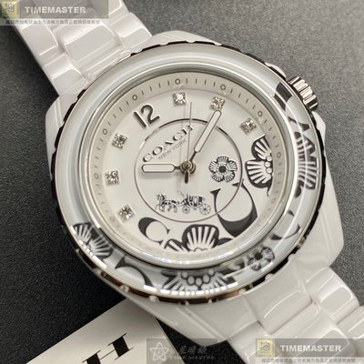 COACH手錶,編號CH00109,34mm白圓形陶瓷錶殼,白色中三針顯示, 鑽刻度花瓣錶面,白陶瓷錶帶款