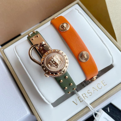 VERSACE Medusa Lock Icon 玫瑰金色雙面鎖頭錶盤 橘色綠色皮革錶帶 石英 女士手錶 VEDW00519