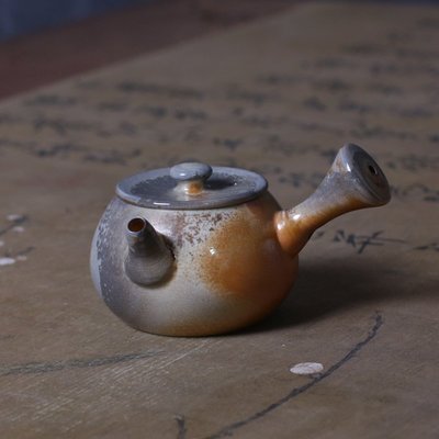 現貨熱銷-純手工柴燒側把壺無釉裸燒單壺復古風陶瓷茶具中式自然落灰泡茶壺茶壺單壺