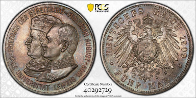 1909年德國薩克森萊比錫大學5馬克銀幣 PCGS MS66352