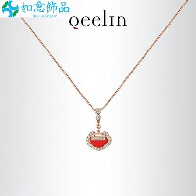 新925銀Qeelin麒麟 Yu Yi 玫瑰金色鑽石紅瑪瑙如意項鍊-如意飾品