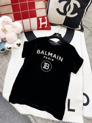 Balmain巴爾曼黑色絲絨字母短袖上衣，36碼，正品保證，