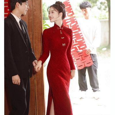 紅色敬服新娘新中式旗袍結婚回門宴出閣嫁衣訂婚禮服裙冬季長袖-多多百貨