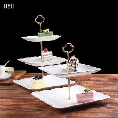 下殺-HYU三層點心架歐式祥云浮雕蛋糕架創意托盤下午茶陶瓷生日水果盤#甜品架