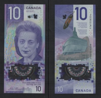 【低價外鈔】加拿大2018年10Dollars 新版直立式塑膠鈔一枚，最新發行！