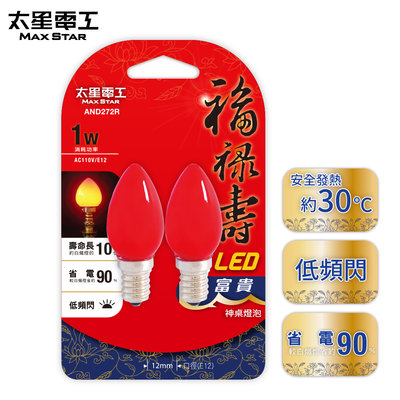 【太星電工】福祿壽LED富貴神桌燈泡 E12/ 1W /2入(紅光) AND272R