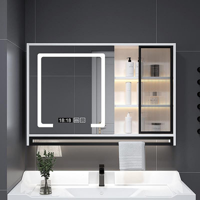 現貨:浴室鏡單獨掛墻式玻璃門層板燈洗手間衛生間鏡子收納一體 自行安裝 無鑒賞期