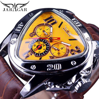現貨男士手錶腕錶Jaragar新款三角形錶盤機械錶多功能自動男士手錶棕色皮帶
