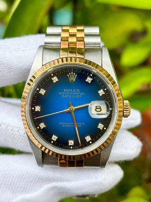 勞力士 ROLEX 型號16233 漸層藍十鑽面  錶徑36mm 動力來源3135 S字頭1993年