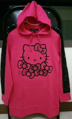 三麗鷗 kilara kitty桃紅色+黑色蕾絲長袖連帽T恤.長版上衣
