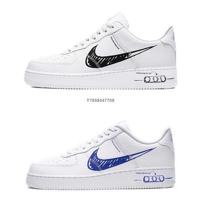 【正品】Nike Air Force 1 白黑 白藍 素描 塗鴉百搭休閒耐克板鞋CW7581-101 CW7581-100男女鞋