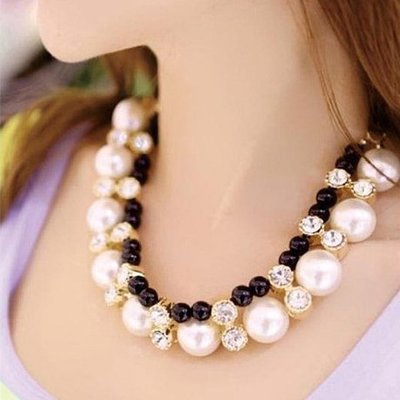 ╭✿蕾兒0509✿╮FA069-韓國時尚 珍珠閃耀閃鑽 韓版絲帶假領子項鍊短鍊