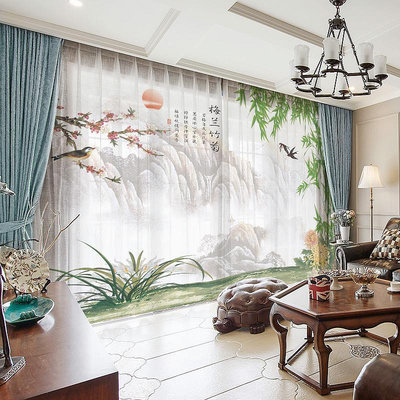 綠色竹子花鳥中式窗簾山水中國風意境客廳臥室書房陽台遮光窗紗