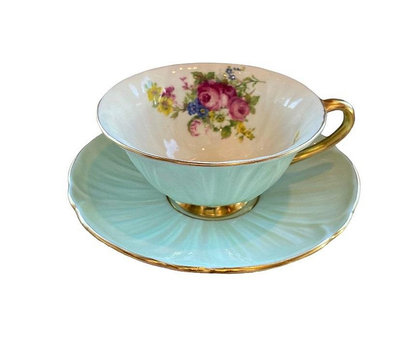 英國雪莉Shelley薄荷綠粉玫瑰oleander形狀骨瓷杯