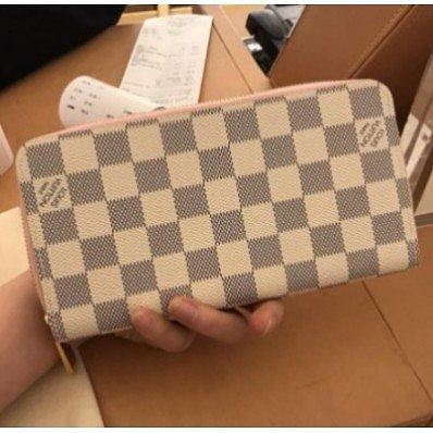 Louis Vuitton LV 路易威登 N63503 白棋盤格紋拉鍊 粉色 長夾 錢包