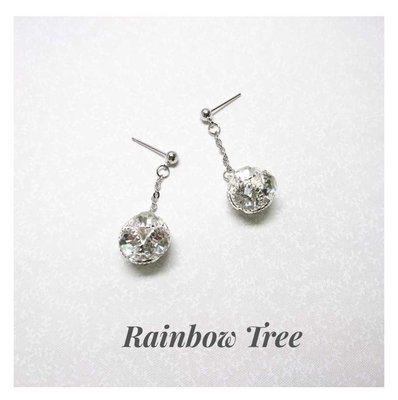 《彩虹樹 Rainbow Tree》銅鍍白K耳釘球形鋯石耳環 耳夾