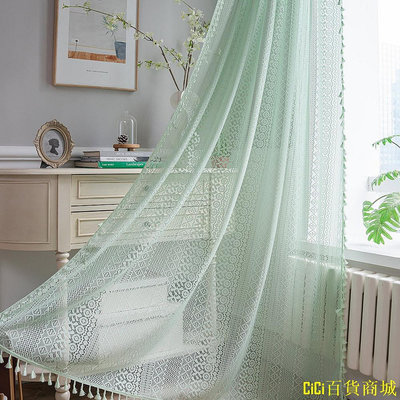 CiCi百貨商城波西米亞風別緻鉤針針織窗簾帶流蘇棉麻透明窗簾用於推拉門窗家居裝飾綠色
