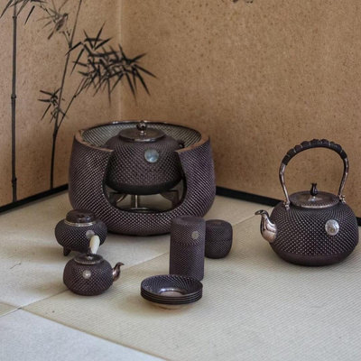日本銀壺 石黑光南 純銀茶具套裝 純銀風爐釜  純銀打出霰形129