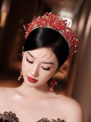 水舞A4891新娘頭飾新款串珠紅色皇冠耳掛結婚紗旗袍敬酒服服發飾