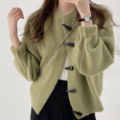 復古牛角扣針織小外套女2022秋季新款韓版寬鬆百搭洋氣毛衣外套潮