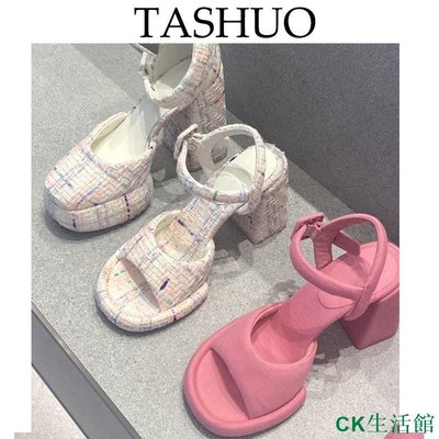 CK生活館TASHUO    一字帶高跟鞋粗跟羅馬芭比法式小香風涼鞋女2023年新款夏季jk鞋子