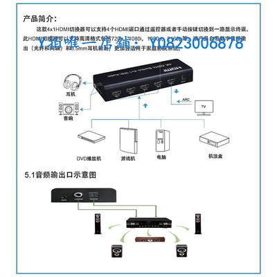 分屏器 2.0版4K60HZ高清矩陣HDMI切換器4進1出帶音頻支持ARC回傳HDCP2.2