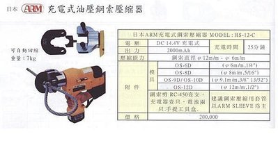 ㊣宇慶S舖五金㊣ 日本AEM 充電式油壓鋼索壓縮器 MODEL: HS-12-C