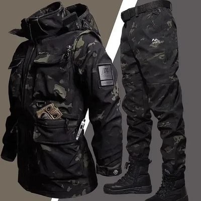 男士防水狩獵抓絨保暖套裝戶外軟殼飛行員夾克+多口袋耐磨工裝褲
