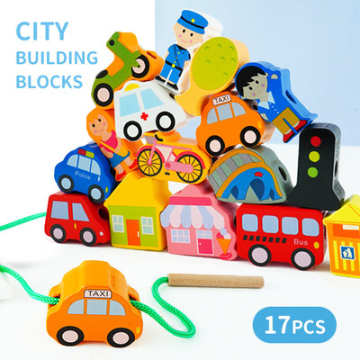 【媽媽倉庫】城市積木益智串珠木製串串樂 寶寶玩具 木製玩具 串珠玩具