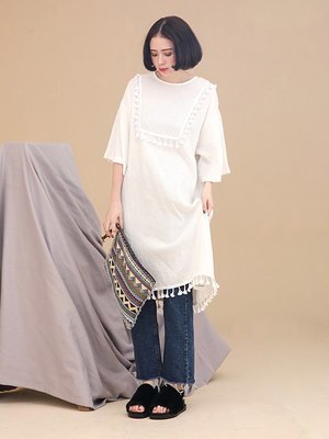 A fad 100%韓國波西米亞風/民族風純白色棉麻流蘇長版上衣/連身洋裝afad