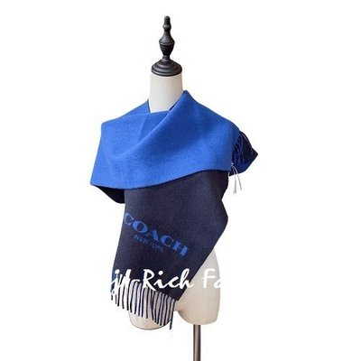 就愛精品店❤️ COACH 深藍色素面羊毛材質COACH字樣裝飾圍巾-深淺色兩面設計  #76053