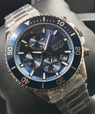HUGO BOSS Admiral 藍色面錶盤 銀色不鏽鋼錶帶 石英 三眼計時 男士手錶 1513907